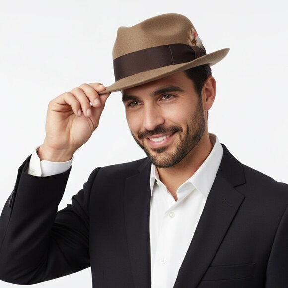 Vintage Men's Commardore Wool Felt Fedora Trilby Hat Retro Feather Brown Tan - Picture 4 of 11